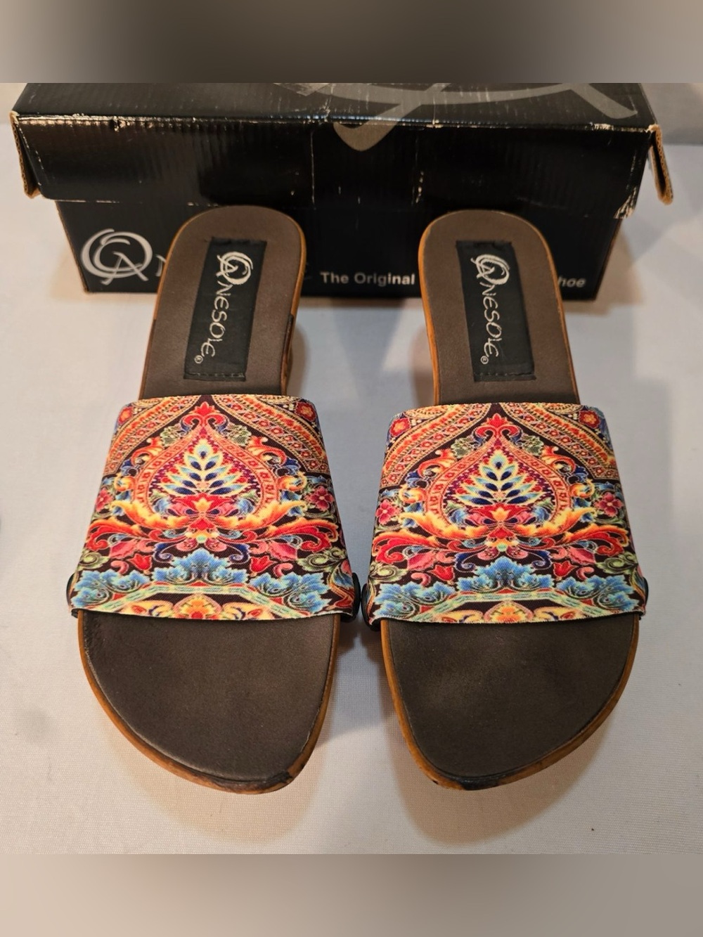 OneSole Sandals Size 8 M Interchangeable Tops Cork Wedge Paisley & Polka Dot Box